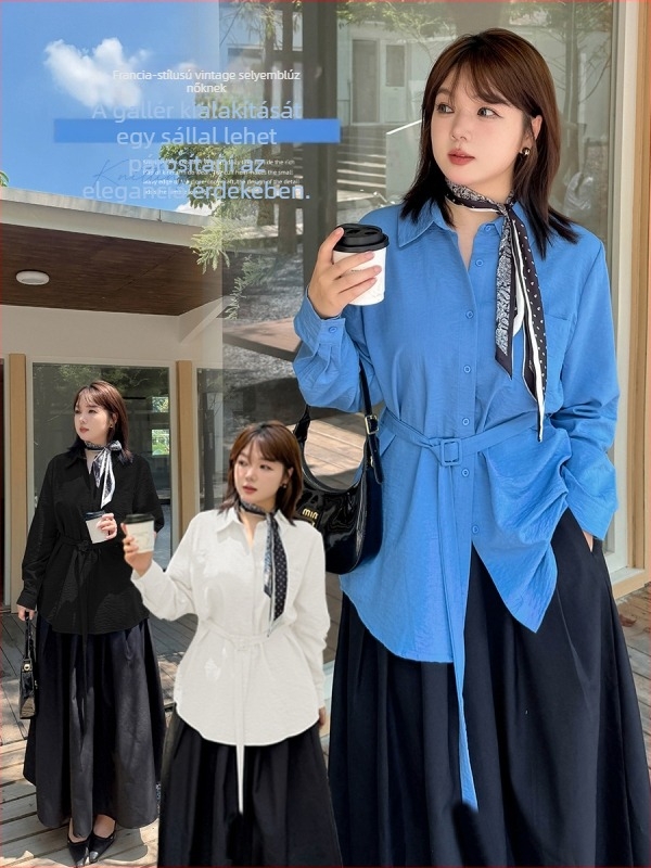 Női francia stílusú vintage ing-kardigán övvel a deréknál, pamut-bársony érzetű, négyirányú elasztikussággal, inggallér, hosszú ujjú, ősz 2025