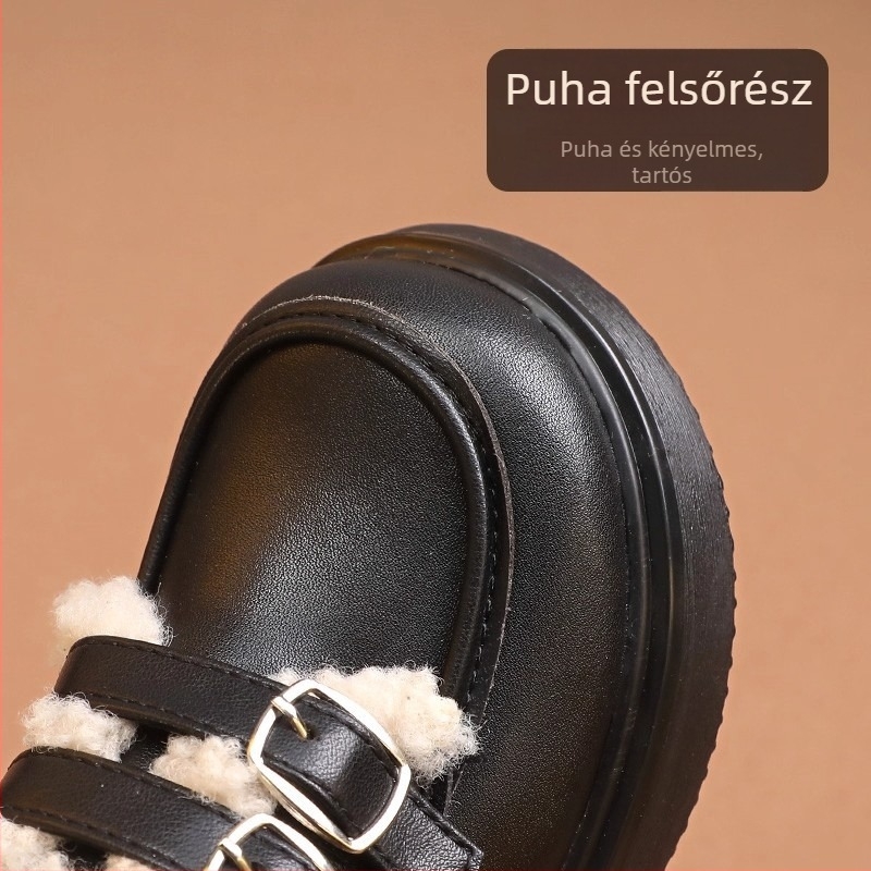 Lányos gyerekek PU bőr cipő Velcro záródással, műszőrme bélés, gumitalp téli viselethez