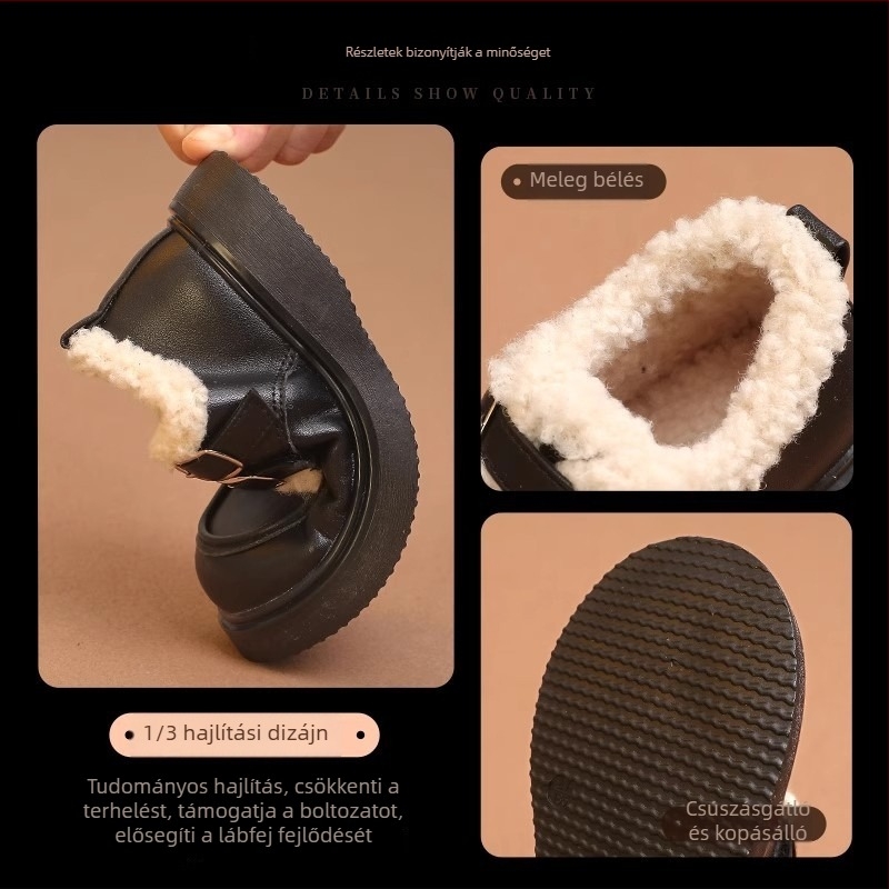 Lányos gyerekek PU bőr cipő Velcro záródással, műszőrme bélés, gumitalp téli viselethez