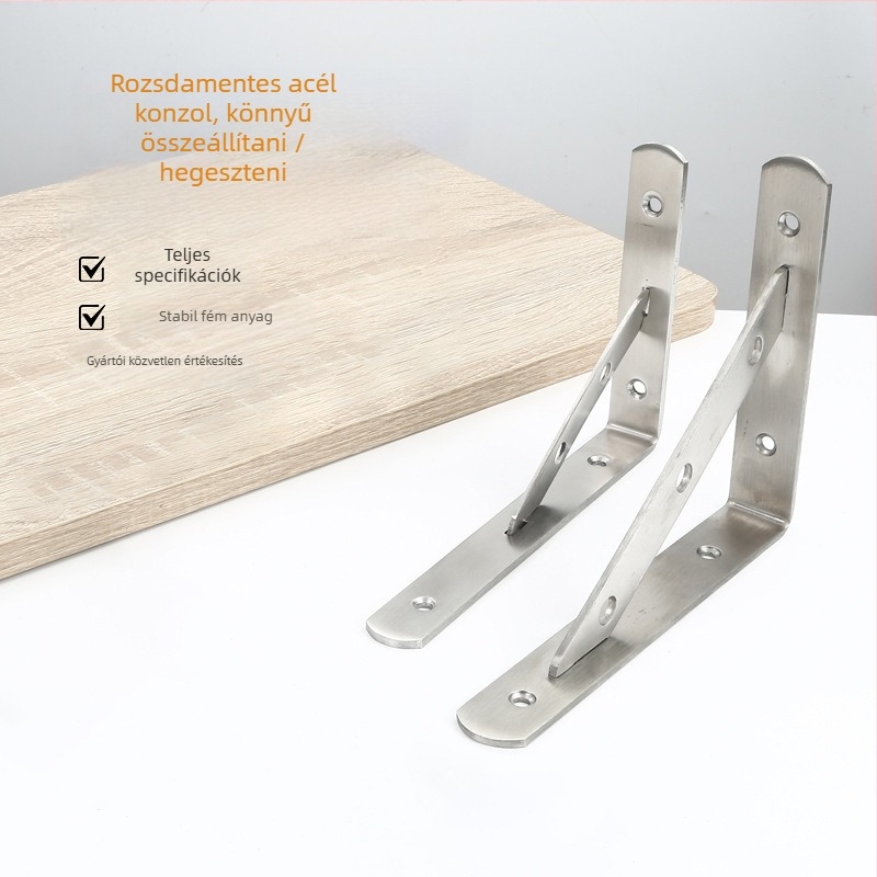 Rozsdamentes acél háromszög tartó falra szerelhető tárolópolcra, csiszolt felülettel, modern letisztult stílusban