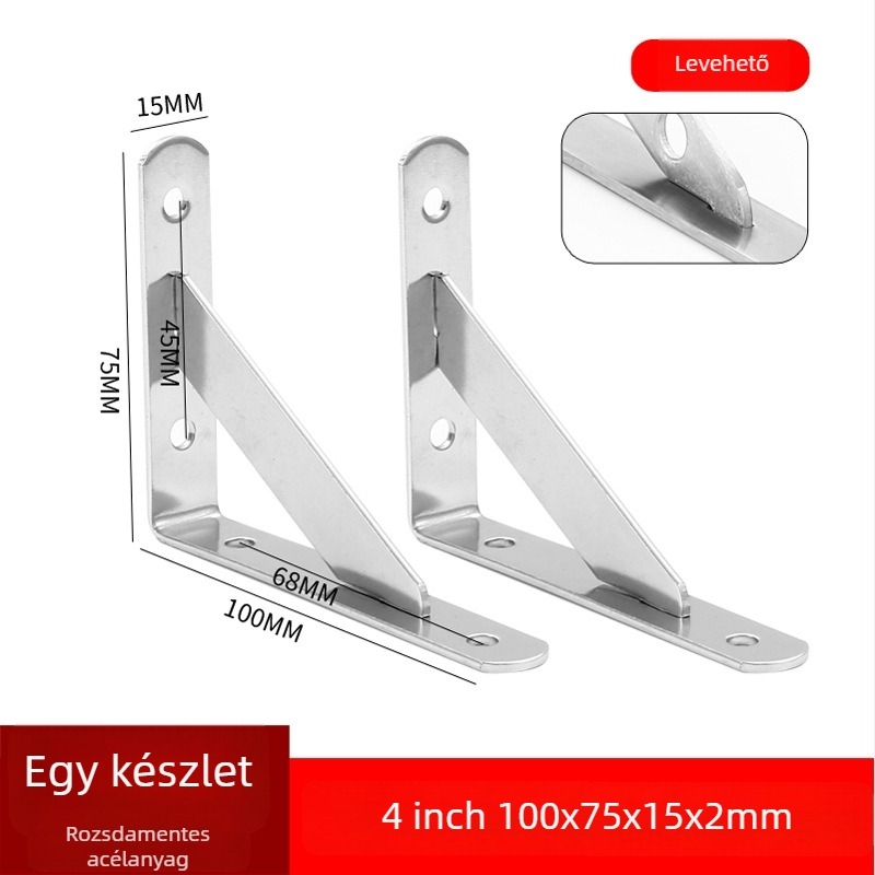 Rozsdamentes acél háromszög tartó falra szerelhető tárolópolcra, csiszolt felülettel, modern letisztult stílusban