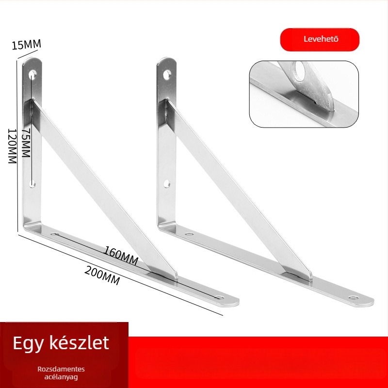 Rozsdamentes acél háromszög tartó falra szerelhető tárolópolcra, csiszolt felülettel, modern letisztult stílusban