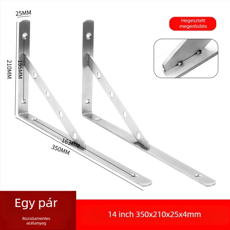 Rozsdamentes acél háromszög tartó falra szerelhető tárolópolcra, csiszolt felülettel, modern letisztult stílusban