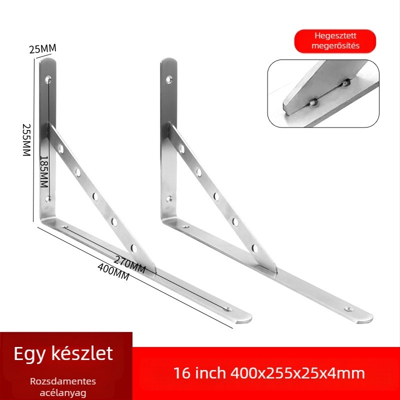 Rozsdamentes acél háromszög tartó falra szerelhető tárolópolcra, csiszolt felülettel, modern letisztult stílusban