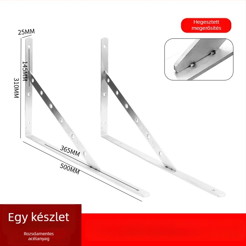 Rozsdamentes acél háromszög tartó falra szerelhető tárolópolcra, csiszolt felülettel, modern letisztult stílusban