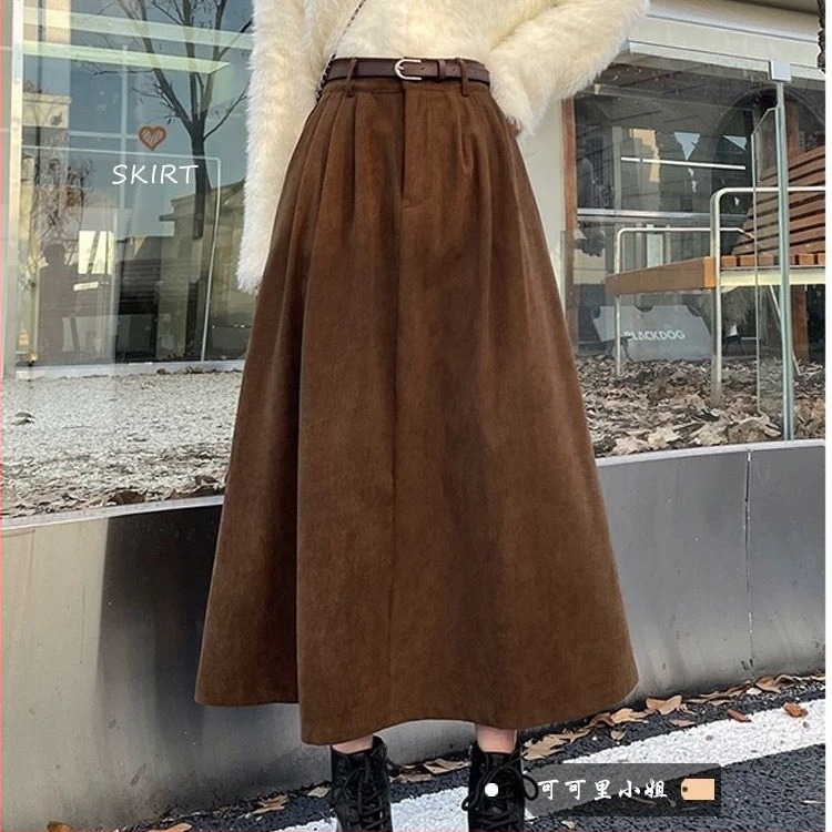 Retro kordbársony midi szoknya, magas derekú, plusz méret, alacsony termetű nőknek, tavasz–ősz–tél