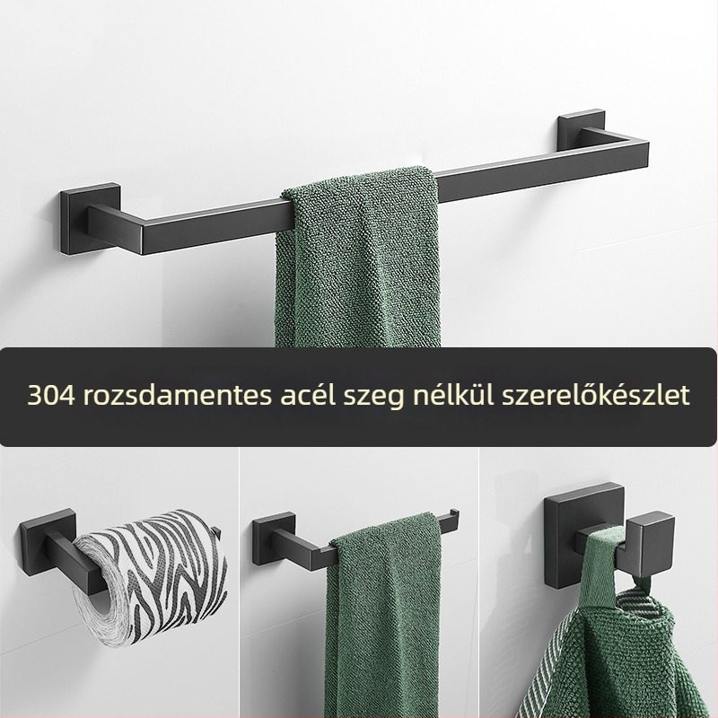 Fürdőszobai törölközőtartó szett négyszögletes csővel: törölközőtartó, törölközőgyűrű, WC-papír tartó, ruházati akasztó; rozsdamentes acél, márka Hualai anthraquinone