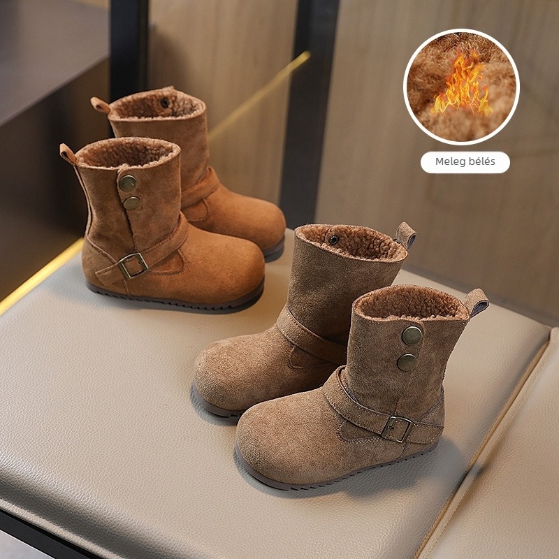2025 téli lányoknak középső szárú csizma fleece bélésével, meleg bőr csizma, csúszásmentes, Birkenstock-stílusú