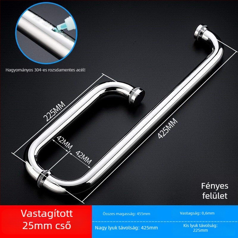 Zuhanyzószoba üvegajtó fogantyú, 304-es rozsdamentes acél, fényes/csiszolt felület, modell XQZ-YSLS-010