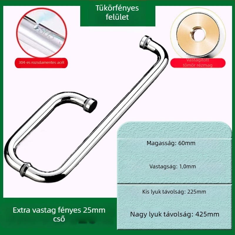 Zuhanyzószoba üvegajtó fogantyú, 304-es rozsdamentes acél, fényes/csiszolt felület, modell XQZ-YSLS-010