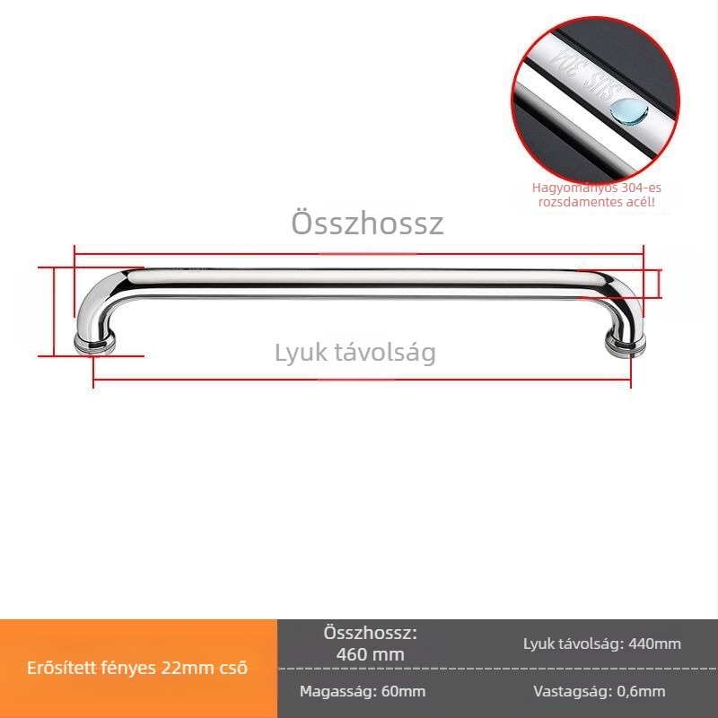 Zuhanyzószoba üvegajtó fogantyú, 304-es rozsdamentes acél, fényes/csiszolt felület, modell XQZ-YSLS-010