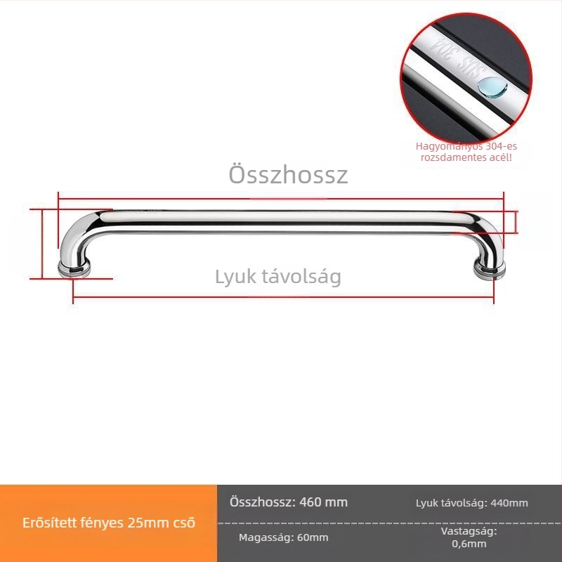 Zuhanyzószoba üvegajtó fogantyú, 304-es rozsdamentes acél, fényes/csiszolt felület, modell XQZ-YSLS-010