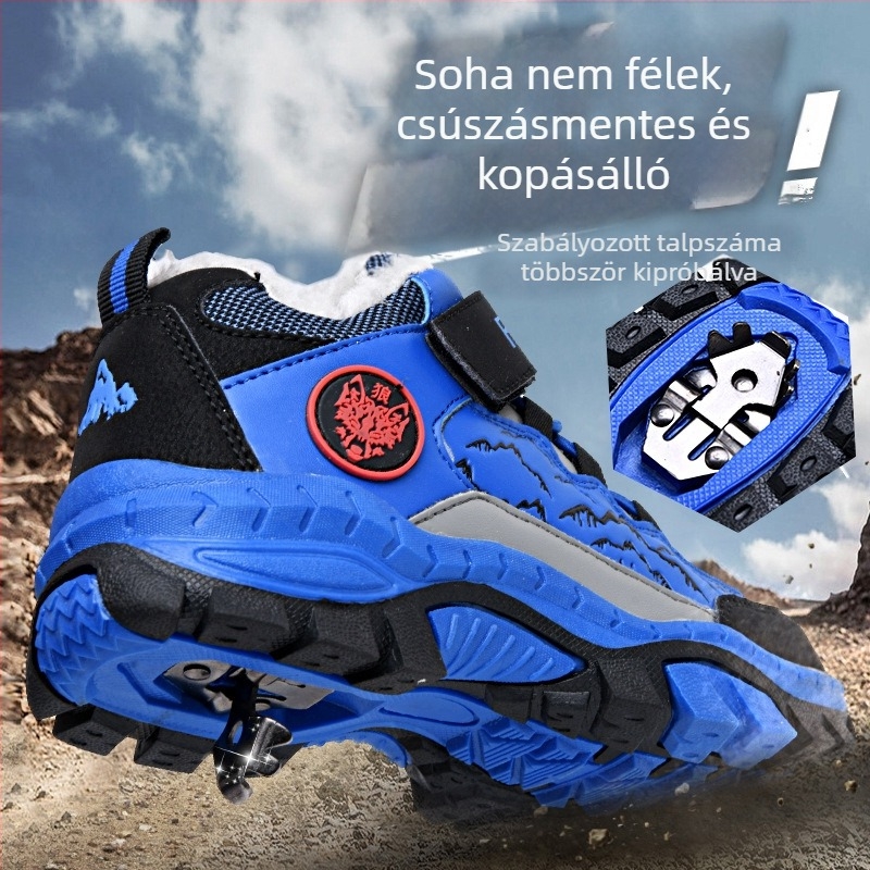 Fiúknak szánt téli kültéri pamutcipő, fleece bélés, Velcro-zárás, csíkos műbőr felsőrész, TPR talp, 4–12 évesek, 2025 ősz