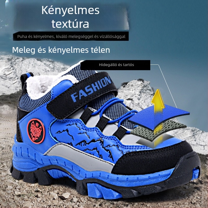 Fiúknak szánt téli kültéri pamutcipő, fleece bélés, Velcro-zárás, csíkos műbőr felsőrész, TPR talp, 4–12 évesek, 2025 ősz