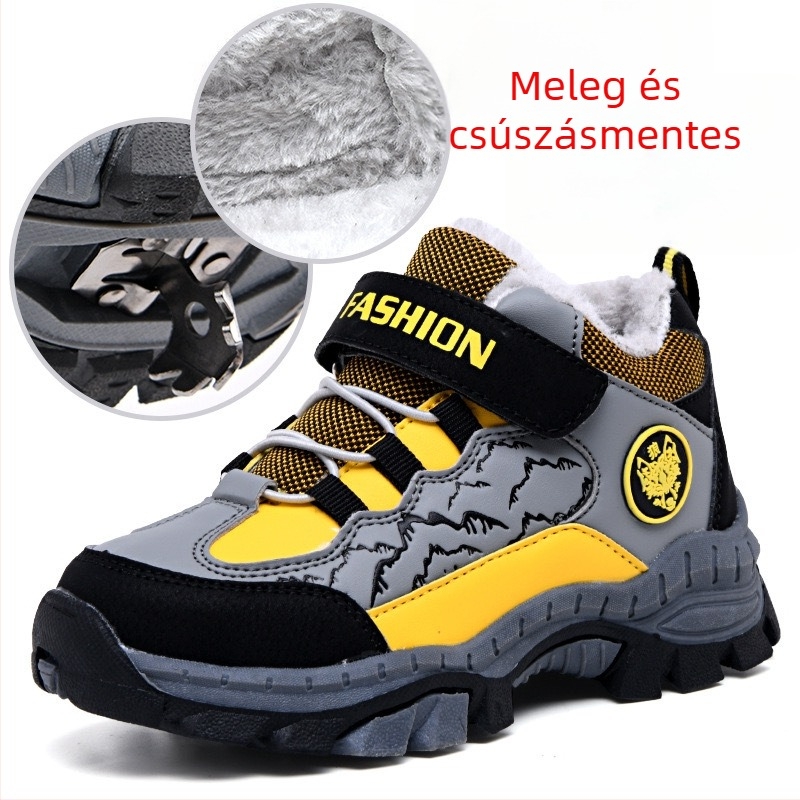 Fiúknak szánt téli kültéri pamutcipő, fleece bélés, Velcro-zárás, csíkos műbőr felsőrész, TPR talp, 4–12 évesek, 2025 ősz