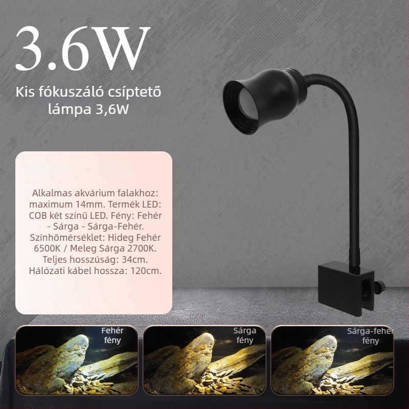 LED klipszes akváriumi lámpa vízi növényekhez, állítható fókusz, időzítő és három szín beállítás