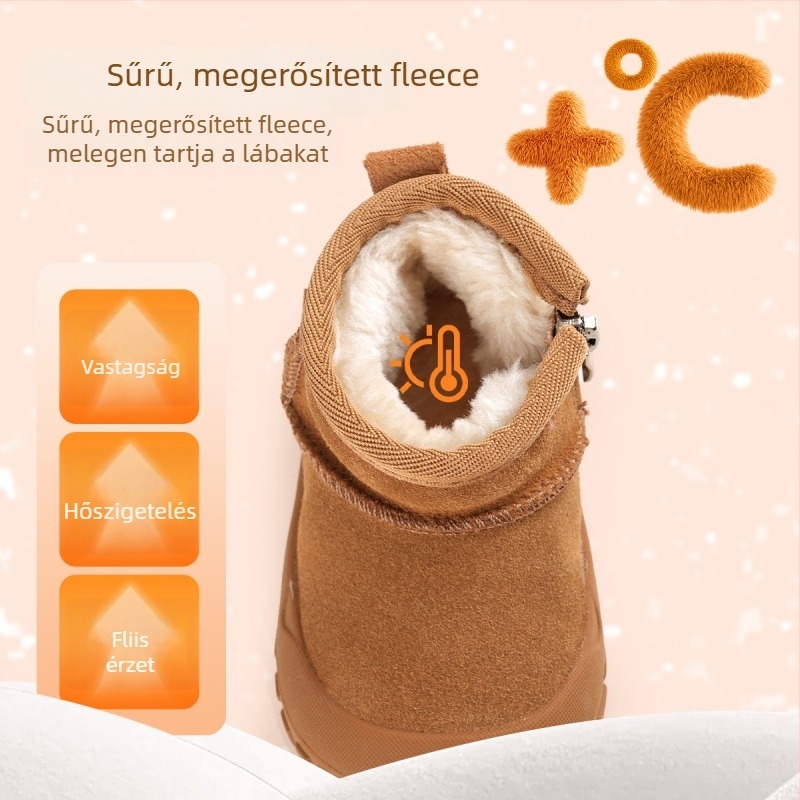 Unisex gyerek téli bakancs fleece béléssel, velúr felsőrésszel, vízálló gumitalppal, bokáig érő dizájn