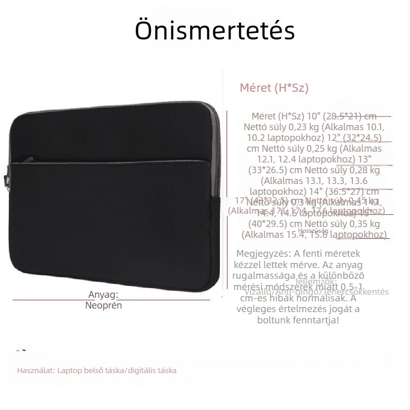 Neoprén anyagú laptop táska, cipzáros nyitású, belső béléssel, belső számítógép rekesz, vízálló