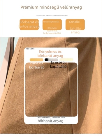 Fishtail formájú szoknya, hosszú A-vonalú sziluett, magas derék (anyag: velúr; fő anyag: poliészter 90–95%; mikroelasztikusság; hossz: hosszú)