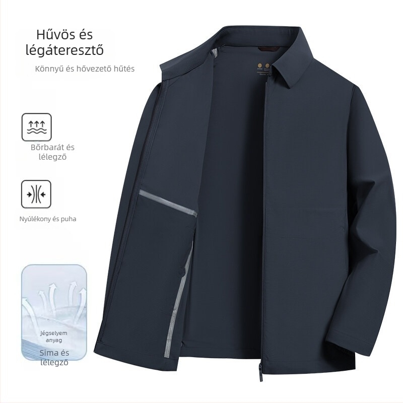 Napvédő dzseki, légáteresztő Milk Silk anyag, kapucni nélküli, cipzár elöl, több zseb, ideális tavasszal-ősszel üzleti viselet