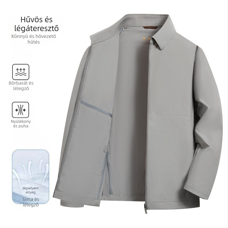 Napvédő dzseki, légáteresztő Milk Silk anyag, kapucni nélküli, cipzár elöl, több zseb, ideális tavasszal-ősszel üzleti viselet