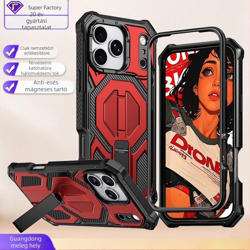 iPhone 15–17 sorozathoz készült háromvédelmes tok mágneses állvánnyal, ütésálló és leesésálló, PC injekciós öntés