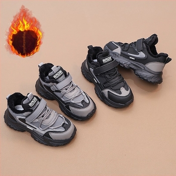 2025 téli gyerekeknek – dad-stílusú, vastag talpú sneakers, fleece-belelt felsőrész, műbőr felső, csíkos dizájn, meleg gumitalp