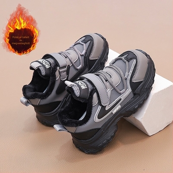2025 téli gyerekeknek – dad-stílusú, vastag talpú sneakers, fleece-belelt felsőrész, műbőr felső, csíkos dizájn, meleg gumitalp