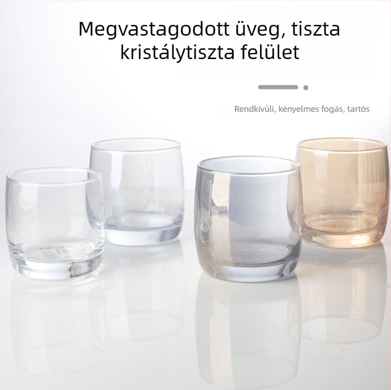 Otthoni használatra szánt üveg szájöblítő pohár, modern minimalista stílus, kör alakú, közvetlen ivófedéllel, egyrétegű konstrukció