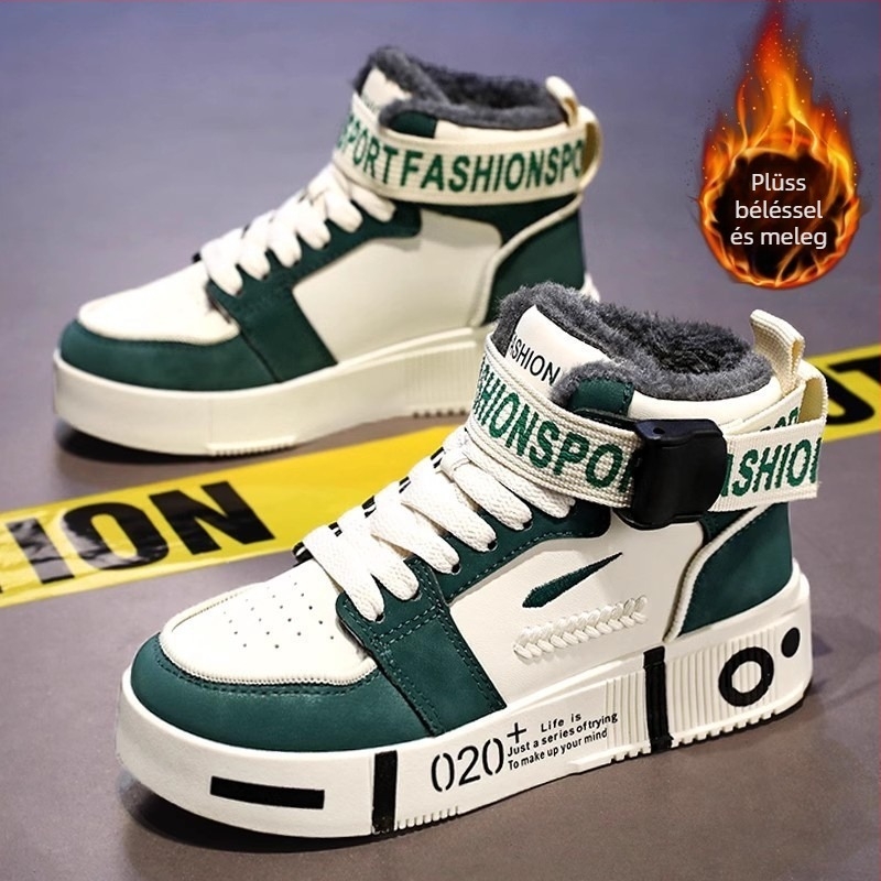 Fiúknak való téli sportcipő műbőr felsőrésszel, magas szár, fleece belső, gumírozott talp, csatos zár