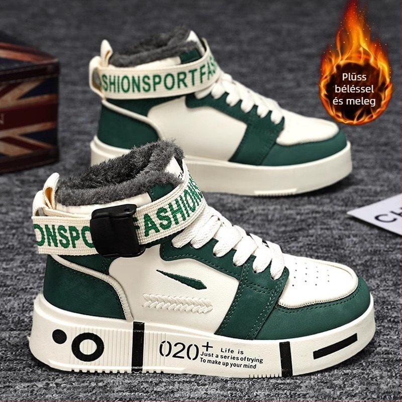 Fiúknak való téli sportcipő műbőr felsőrésszel, magas szár, fleece belső, gumírozott talp, csatos zár