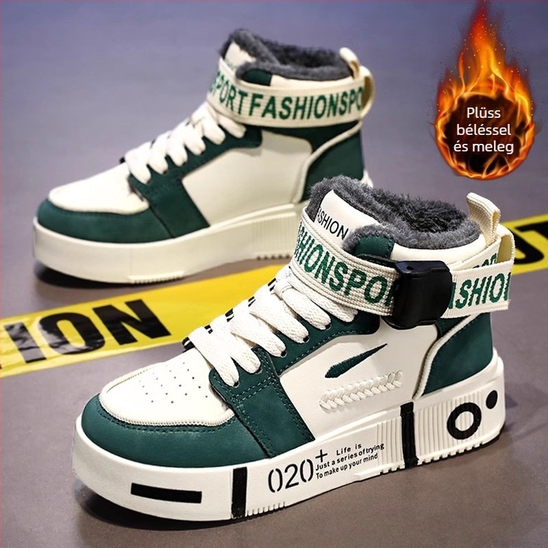 Fiúknak való téli sportcipő műbőr felsőrésszel, magas szár, fleece belső, gumírozott talp, csatos zár