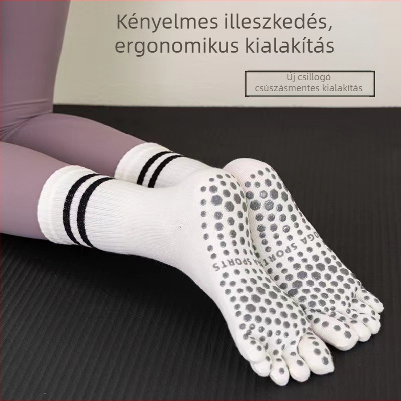 Ötujjú zokni osztott ujjal, csúszásmentes, combed pamutból készült jóga zokni, középméretű cső, 144 tűvel kötve, varratmentes.