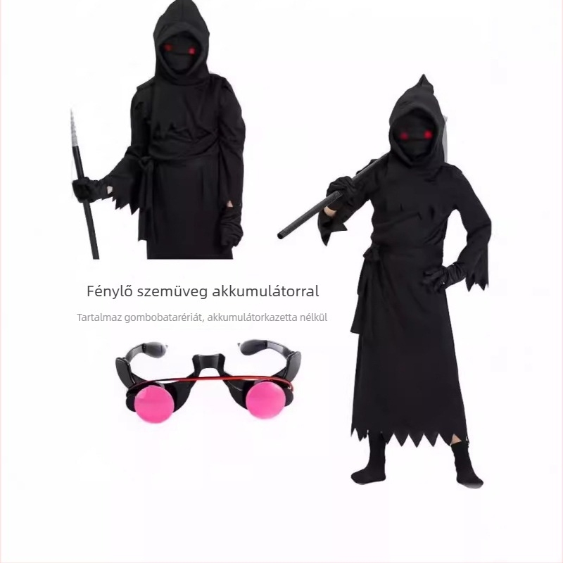 Gyerekek Halloween cosplay jelmez: Grim Reaper jelmez világító szemüveggel a színpadi előadásokhoz (polie dzester és spandex; 95% poliészter; 17 év alattiak számára)