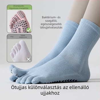 Ötujjú jóga zokni, csúszásmentes, nőknek, középmagas cső, 85% pamut, 3% spandex, 10% poliészter, 2% elasztán