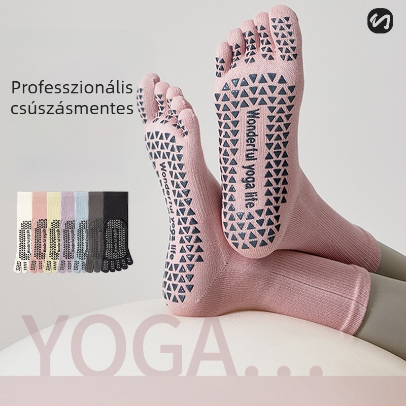 Ötujjú jóga zokni, csúszásmentes, nőknek, középmagas cső, 85% pamut, 3% spandex, 10% poliészter, 2% elasztán