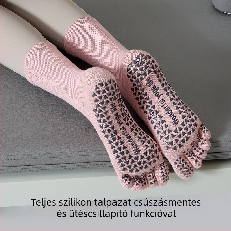 Ötujjú jóga zokni, csúszásmentes, nőknek, középmagas cső, 85% pamut, 3% spandex, 10% poliészter, 2% elasztán