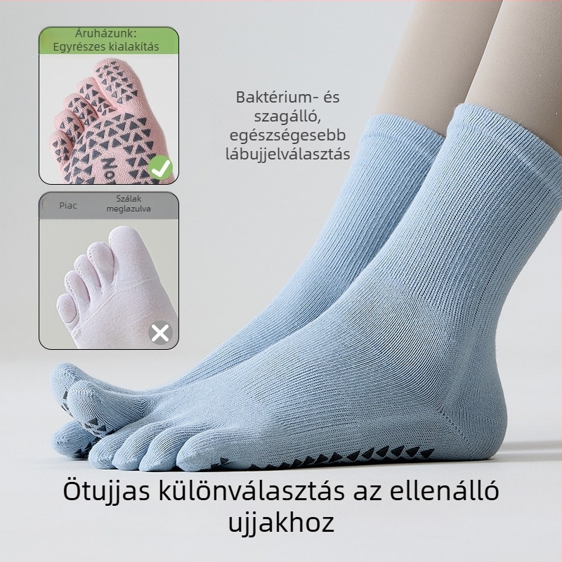 Ötujjú jóga zokni, csúszásmentes, nőknek, középmagas cső, 85% pamut, 3% spandex, 10% poliészter, 2% elasztán