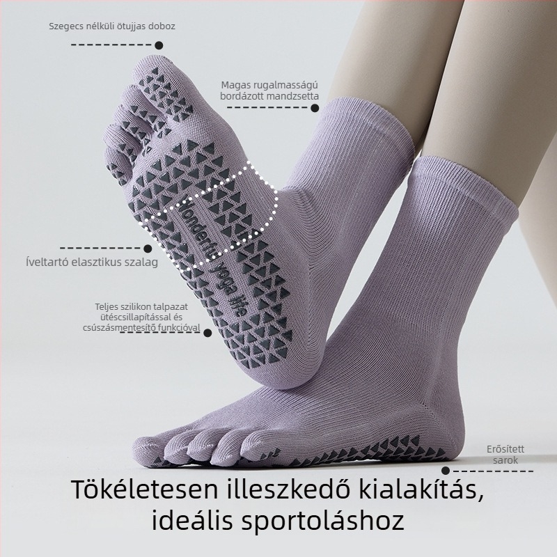 Ötujjú jóga zokni, csúszásmentes, nőknek, középmagas cső, 85% pamut, 3% spandex, 10% poliészter, 2% elasztán