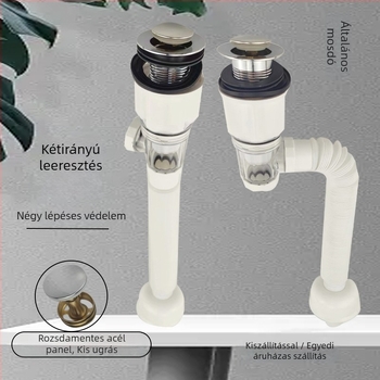 Műanyag mosdólefolyó, S-alakú, Bounce típus, modern letisztult stílus (Model: Washbasin Drainer; Material: Plastic; Form: S-bend; Type: Bounce; Style: Modern simplicity)