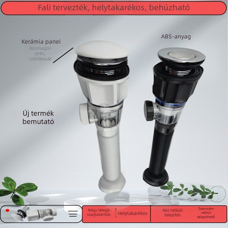 Műanyag mosdólefolyó, S-alakú, Bounce típus, modern letisztult stílus (Model: Washbasin Drainer; Material: Plastic; Form: S-bend; Type: Bounce; Style: Modern simplicity)