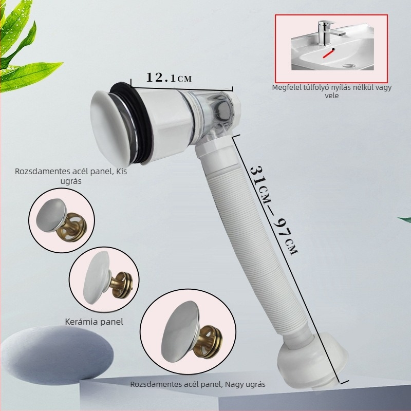 Műanyag mosdólefolyó, S-alakú, Bounce típus, modern letisztult stílus (Model: Washbasin Drainer; Material: Plastic; Form: S-bend; Type: Bounce; Style: Modern simplicity)