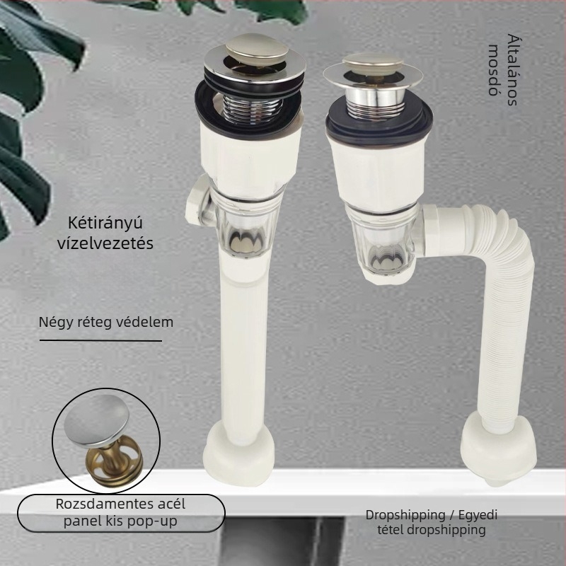 Műanyag mosdólefolyó, S-alakú, Bounce típus, modern letisztult stílus (Model: Washbasin Drainer; Material: Plastic; Form: S-bend; Type: Bounce; Style: Modern simplicity)