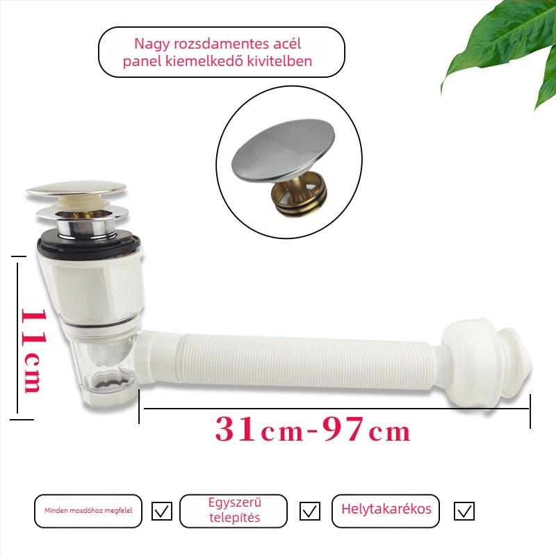 Műanyag mosdólefolyó, S-alakú, Bounce típus, modern letisztult stílus (Model: Washbasin Drainer; Material: Plastic; Form: S-bend; Type: Bounce; Style: Modern simplicity)