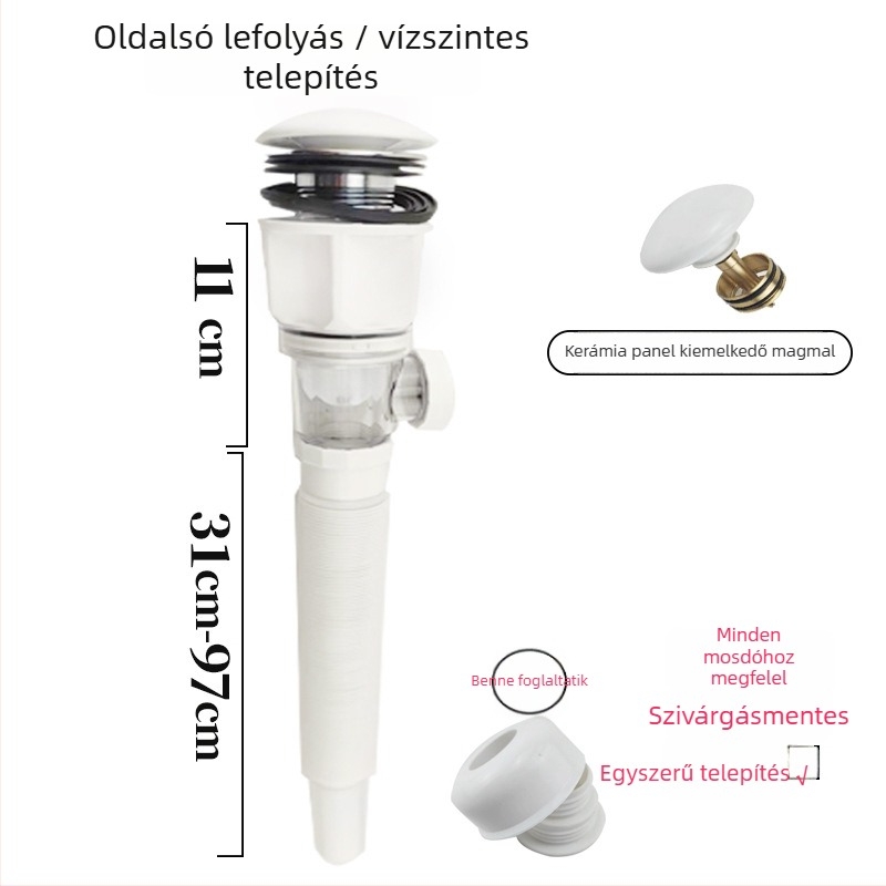 Műanyag mosdólefolyó, S-alakú, Bounce típus, modern letisztult stílus (Model: Washbasin Drainer; Material: Plastic; Form: S-bend; Type: Bounce; Style: Modern simplicity)