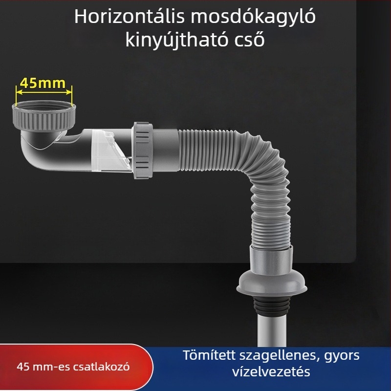 Mosdó mosogató lefolyócső, illatmentes, PP+PC+rozsdamentes acélból, P-ív alakú forma, modell Bxsgss-80, testreszabható