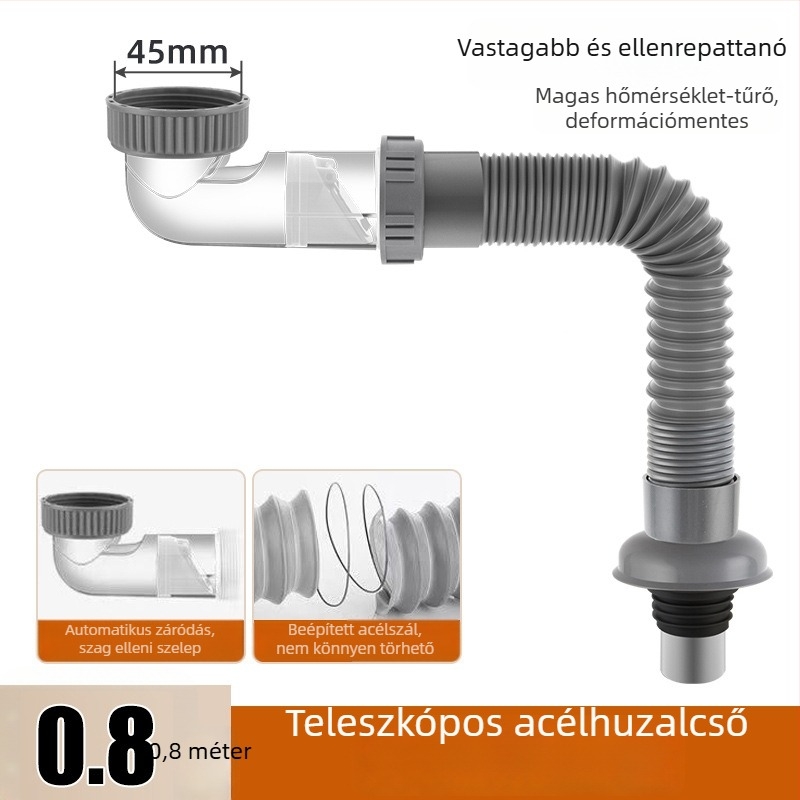 Mosdó mosogató lefolyócső, illatmentes, PP+PC+rozsdamentes acélból, P-ív alakú forma, modell Bxsgss-80, testreszabható