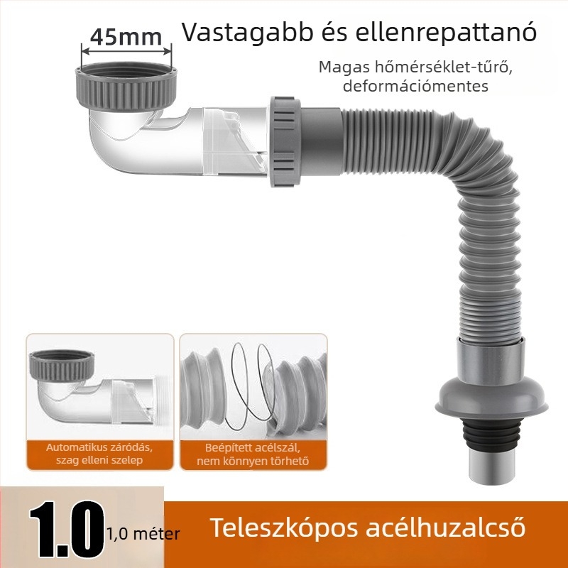 Mosdó mosogató lefolyócső, illatmentes, PP+PC+rozsdamentes acélból, P-ív alakú forma, modell Bxsgss-80, testreszabható