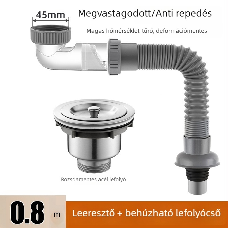 Mosdó mosogató lefolyócső, illatmentes, PP+PC+rozsdamentes acélból, P-ív alakú forma, modell Bxsgss-80, testreszabható