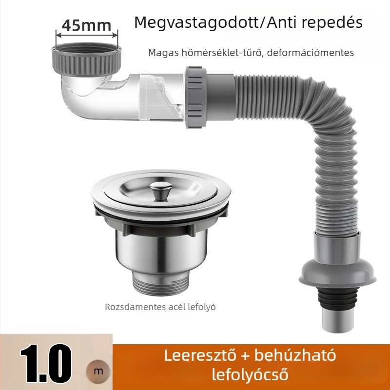 Mosdó mosogató lefolyócső, illatmentes, PP+PC+rozsdamentes acélból, P-ív alakú forma, modell Bxsgss-80, testreszabható